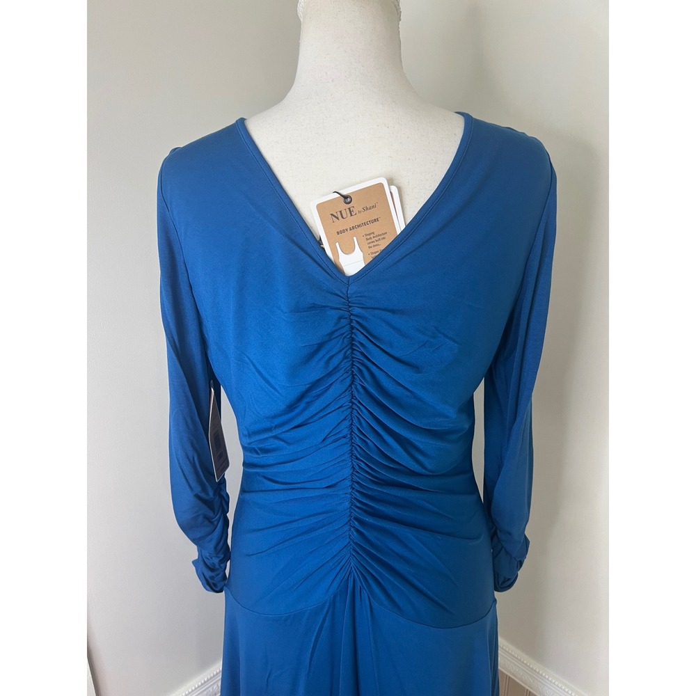 NUE by Shani Peacock Blue Ruched V-Neck Body Architecture Shaping Dress Size 12 - Picture 5 of 12